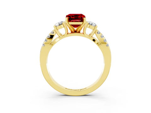 Yellow gold Emerald Cut Ruby Three-Stone Ring with Pavé Split Shank and Four-Prong Setting_3