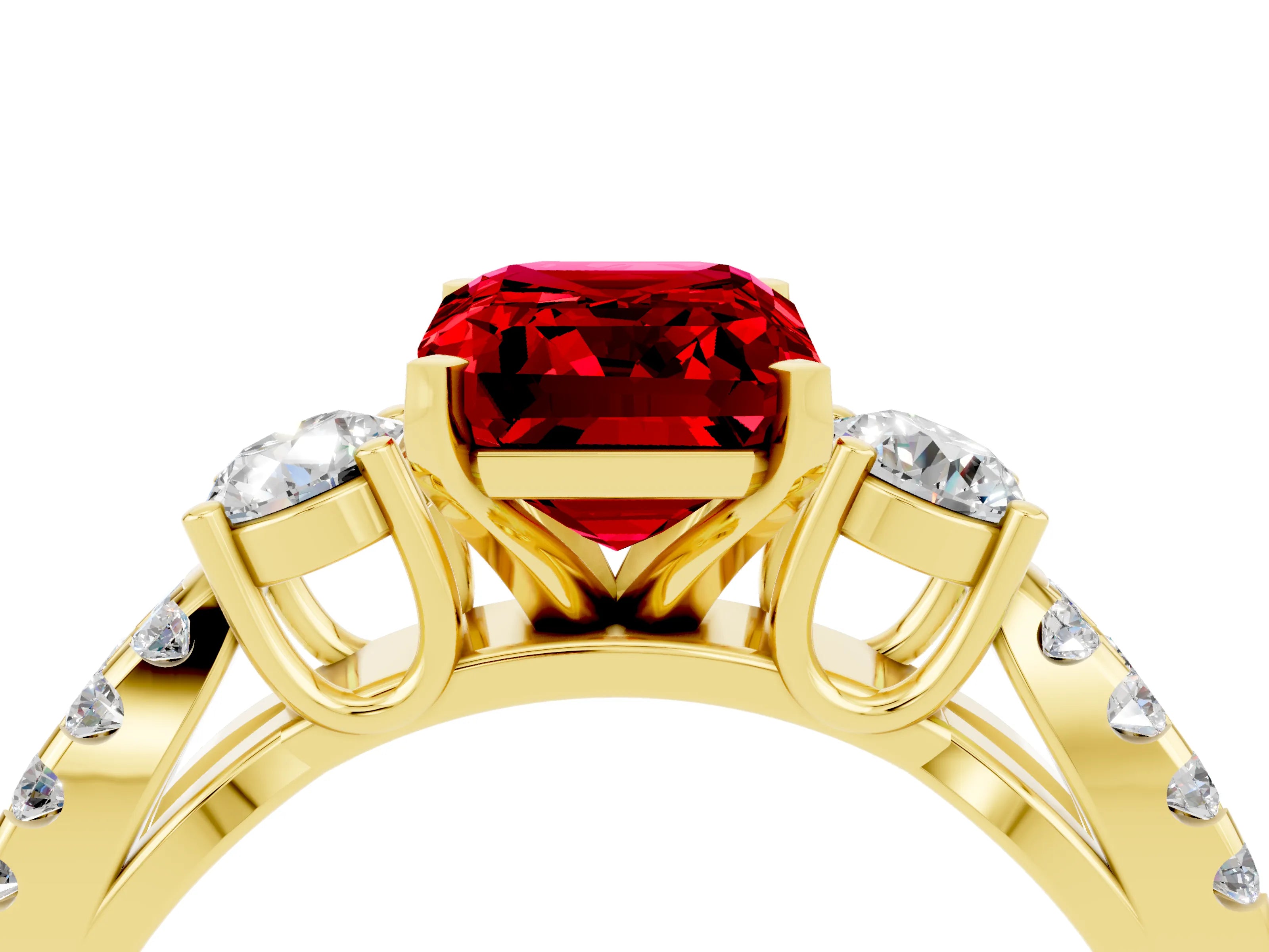 Yellow gold Emerald Cut Ruby Three-Stone Ring with Pavé Split Shank and Four-Prong Setting_4