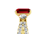 Yellow gold Emerald Cut Ruby Three-Stone Ring with Pavé Split Shank and Four-Prong Setting_5