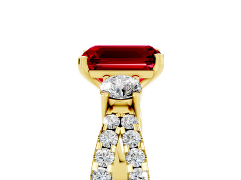 Yellow gold Emerald Cut Ruby Three-Stone Ring with Pavé Split Shank and Four-Prong Setting_5