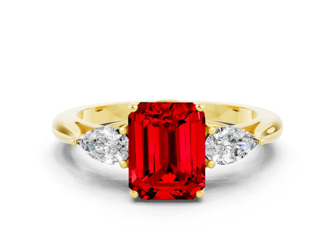 Yellow gold Emerald Cut Ruby Three-Stone Ring with Pear Side Stones and Four-Prong Setting_12
