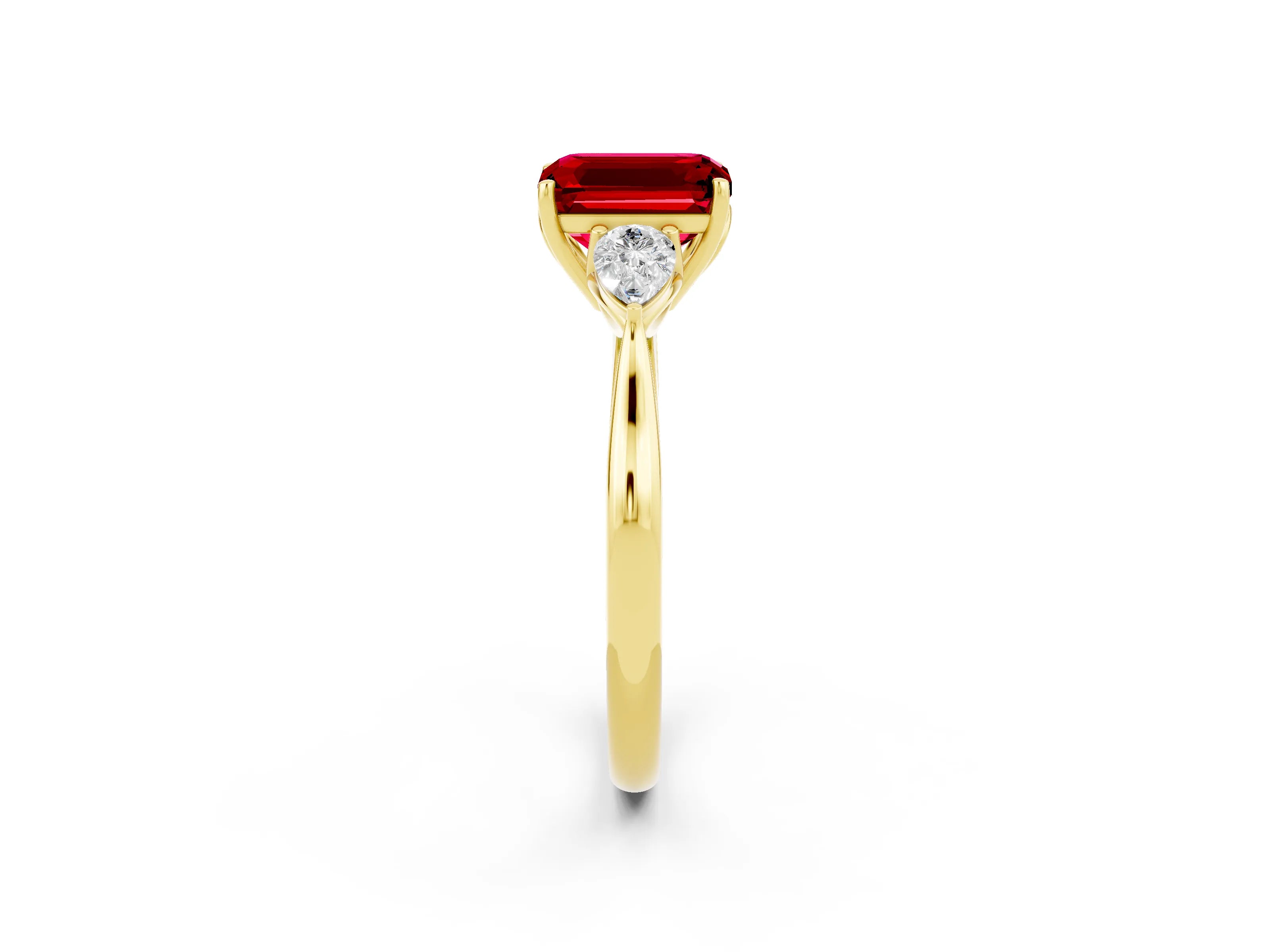 Yellow gold Emerald Cut Ruby Three-Stone Ring with Pear Side Stones and Four-Prong Setting_14