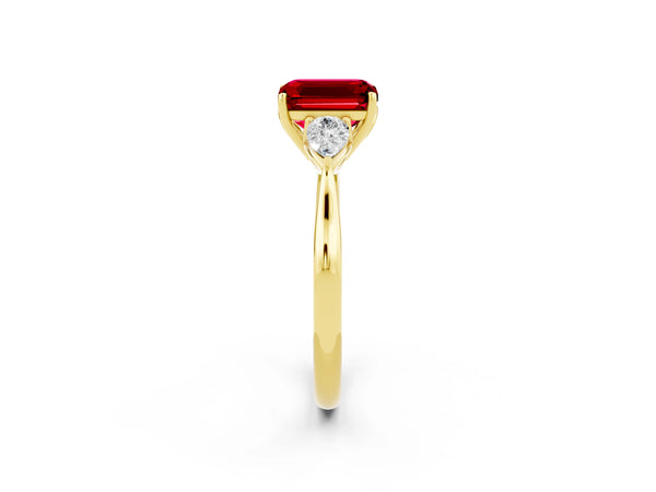 Yellow gold Emerald Cut Ruby Three-Stone Ring with Pear  Side Stones and Prong Setting