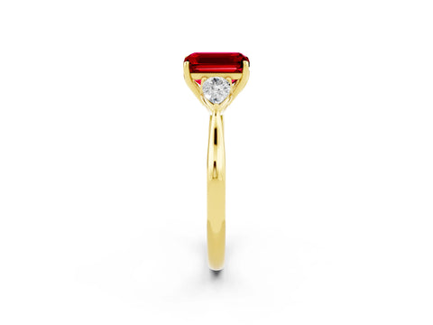 Yellow gold Emerald Cut Ruby Three-Stone Ring with Pear Side Stones and Four-Prong Setting_14