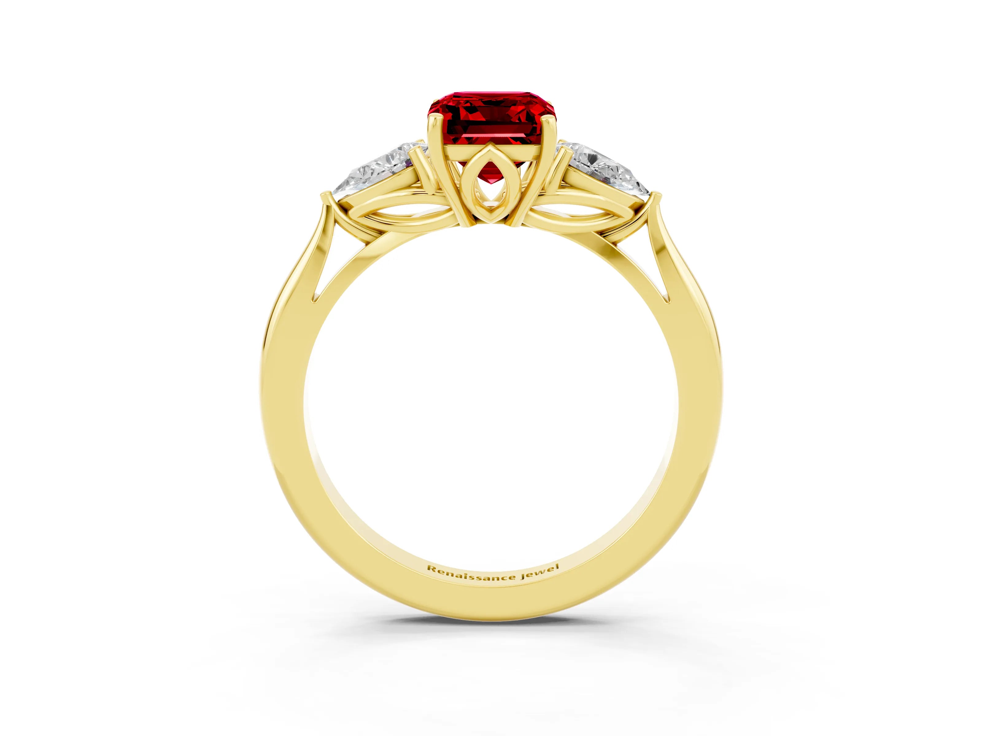Yellow gold Emerald Cut Ruby Three-Stone Ring with Pear Side Stones and Four-Prong Setting_15