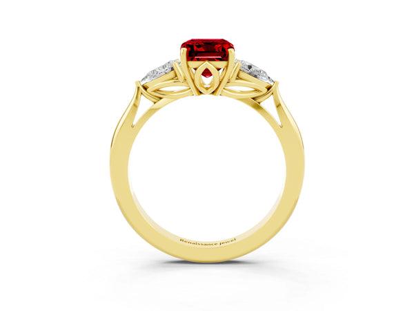 Yellow gold Emerald Cut Ruby Three-Stone Ring with Pear  Side Stones and Prong Setting