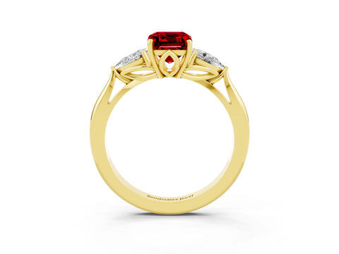 Yellow gold Emerald Cut Ruby Three-Stone Ring with Pear Side Stones and Four-Prong Setting_15