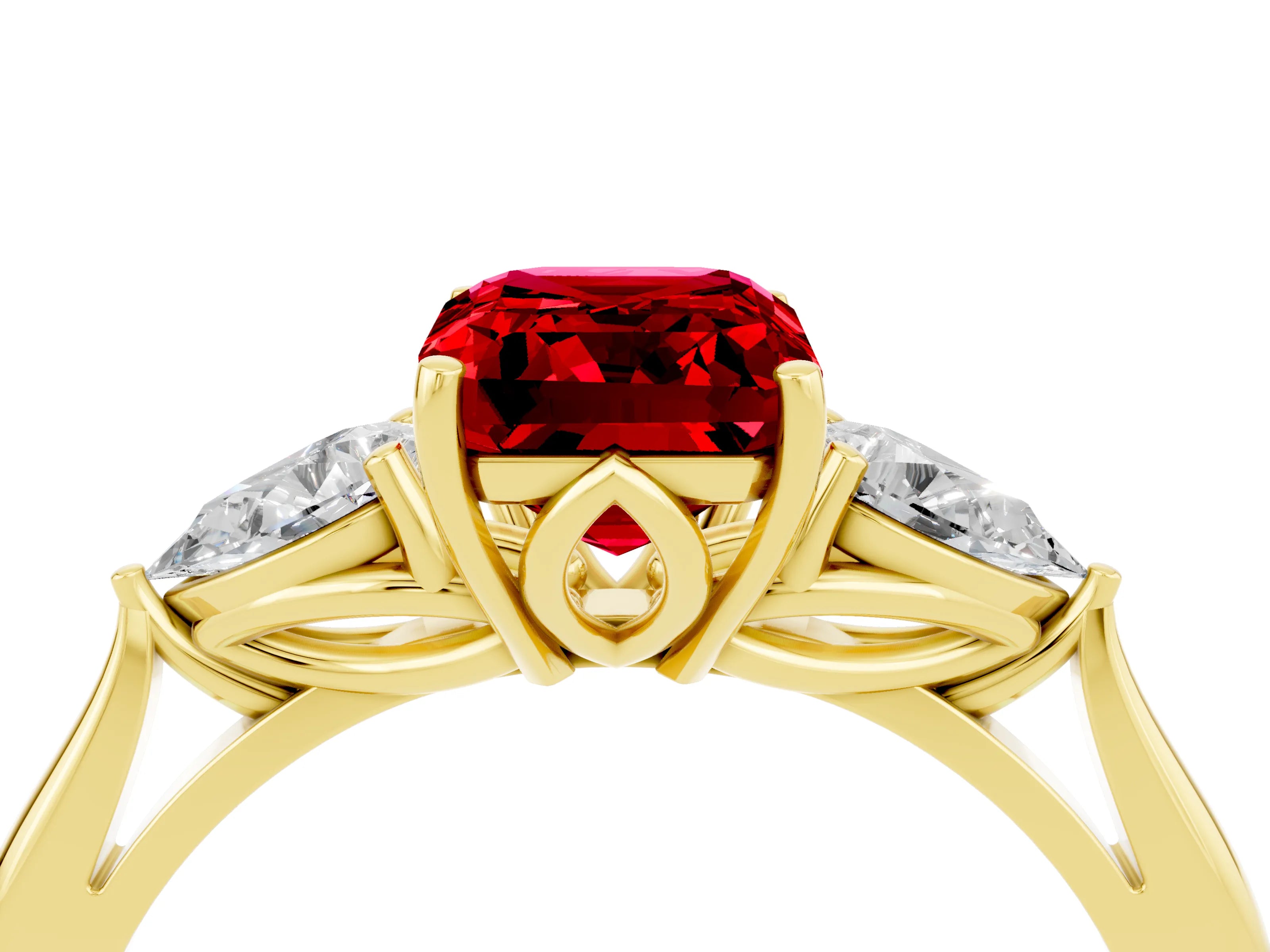 Yellow gold Emerald Cut Ruby Three-Stone Ring with Pear Side Stones and Four-Prong Setting_16