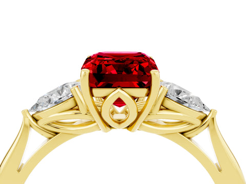 Yellow gold Emerald Cut Ruby Three-Stone Ring with Pear Side Stones and Four-Prong Setting_16