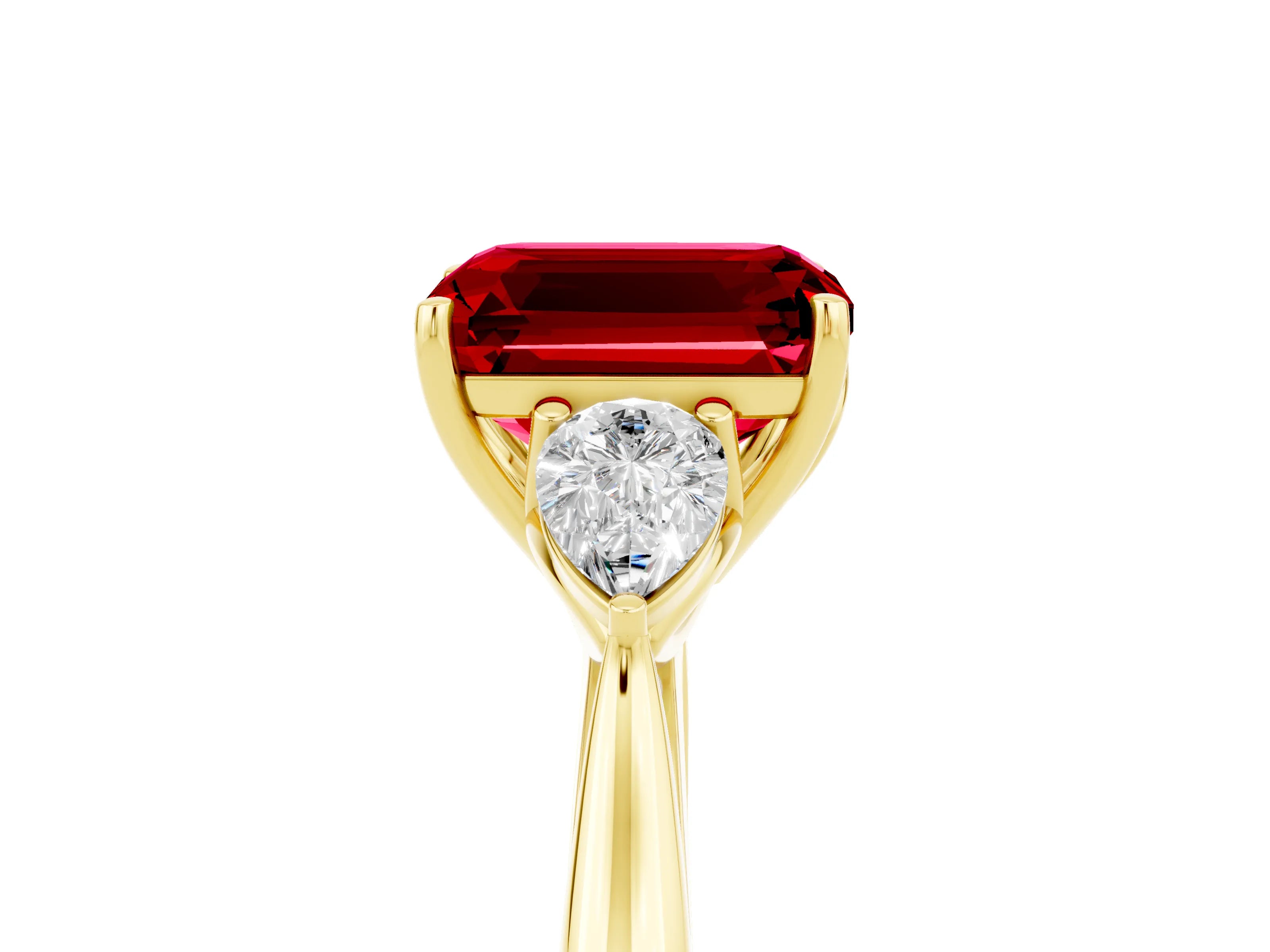 Yellow gold Emerald Cut Ruby Three-Stone Ring with Pear Side Stones and Four-Prong Setting_17