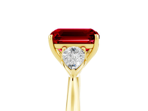 Yellow gold Emerald Cut Ruby Three-Stone Ring with Pear Side Stones and Four-Prong Setting_17