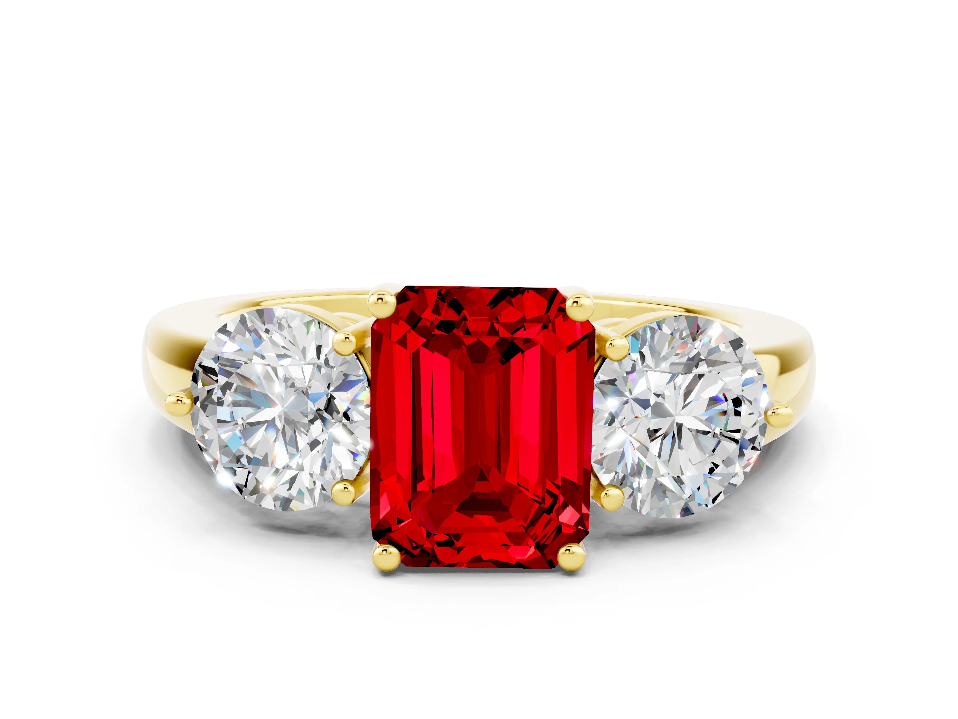 Yellow gold Emerald Cut Ruby Three-Stone Ring with Prong Setting and Classic Band