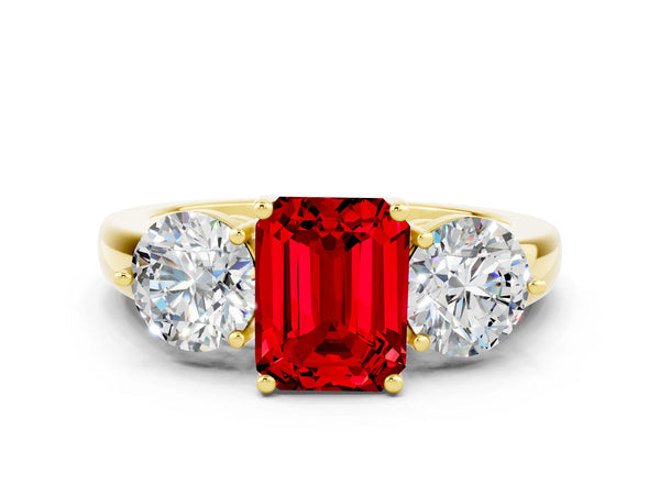 Yellow gold Emerald Cut Ruby Three-Stone Ring with Prong Setting and Classic Band