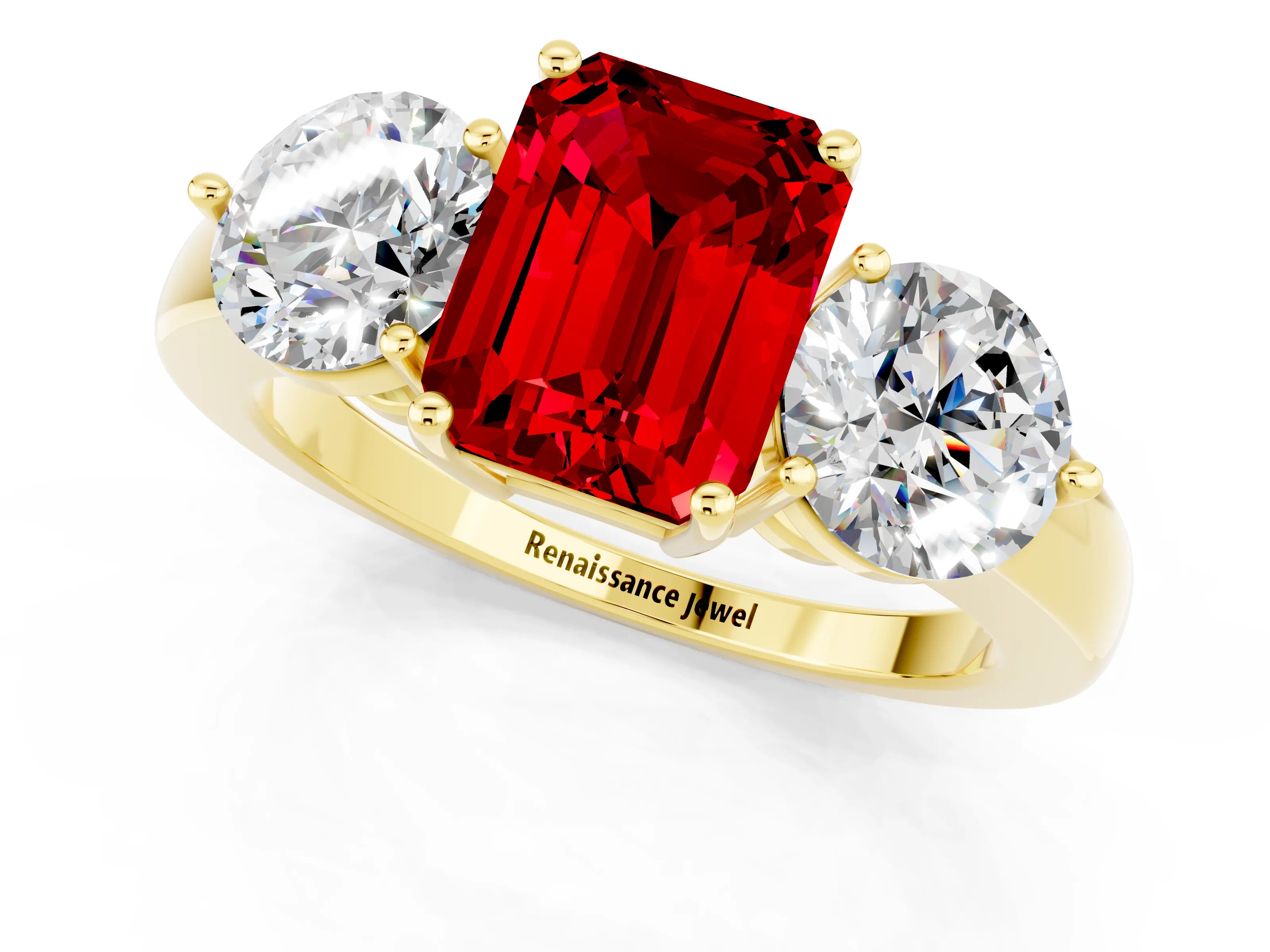 Yellow gold Emerald Cut Ruby Three-Stone Ring with Prong Setting and Classic Band_1