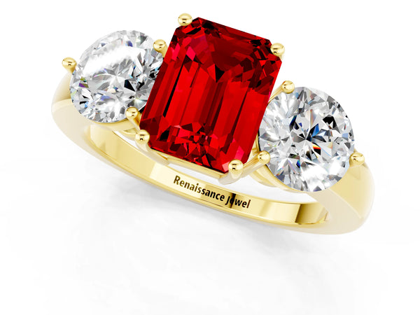 Yellow gold Emerald Cut Ruby Three-Stone Ring with Prong Setting and Classic Band