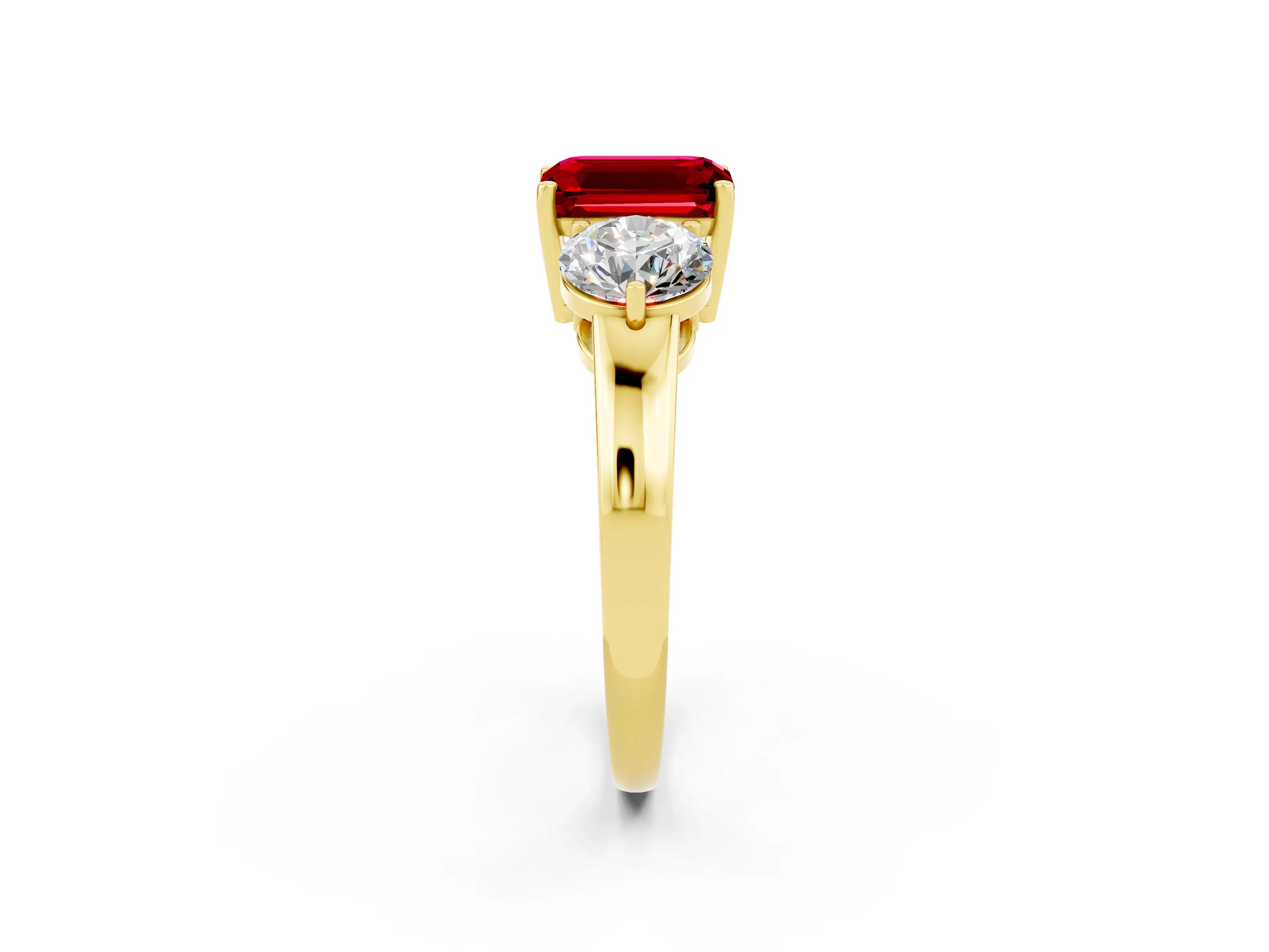 Yellow gold Emerald Cut Ruby Three-Stone Ring with Prong Setting and Classic Band_2