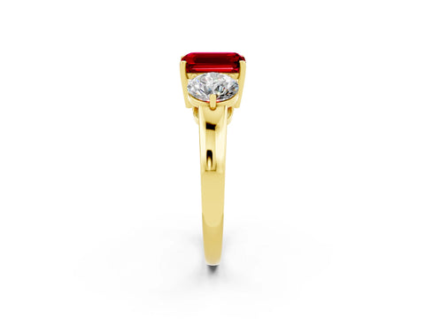 Yellow gold Emerald Cut Ruby Three-Stone Ring with Prong Setting and Classic Band_2