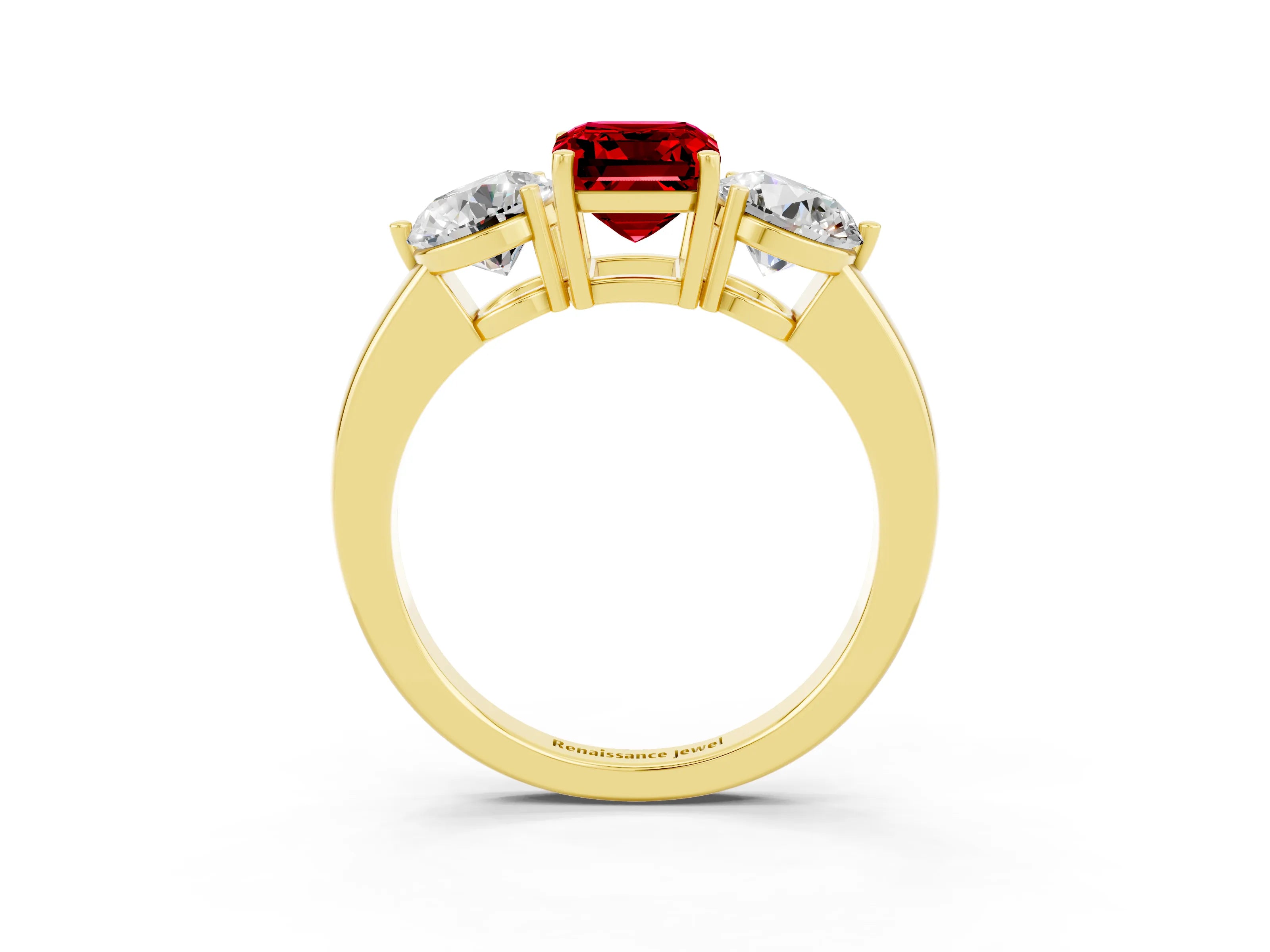 Yellow gold Emerald Cut Ruby Three-Stone Ring with Prong Setting and Classic Band_3
