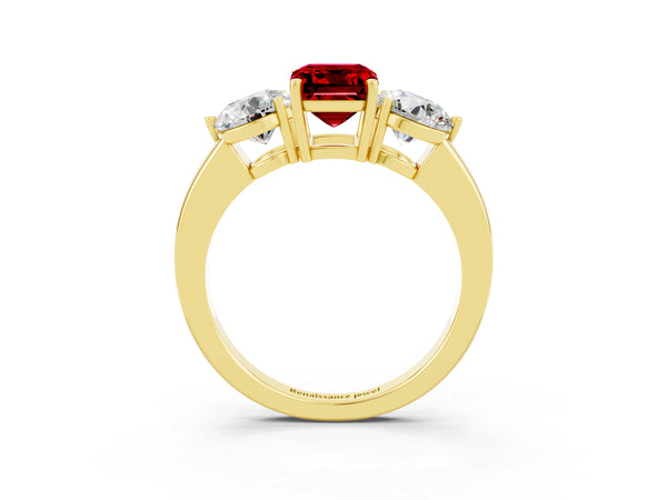 Yellow gold Emerald Cut Ruby Three-Stone Ring with Prong Setting and Classic Band