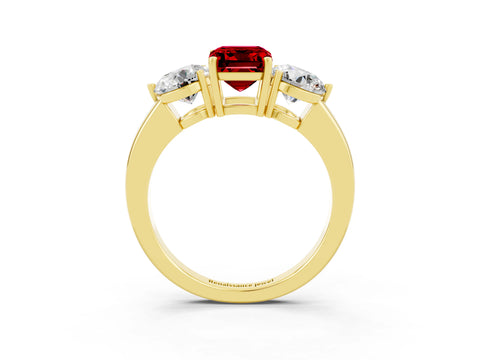 Yellow gold Emerald Cut Ruby Three-Stone Ring with Prong Setting and Classic Band_3