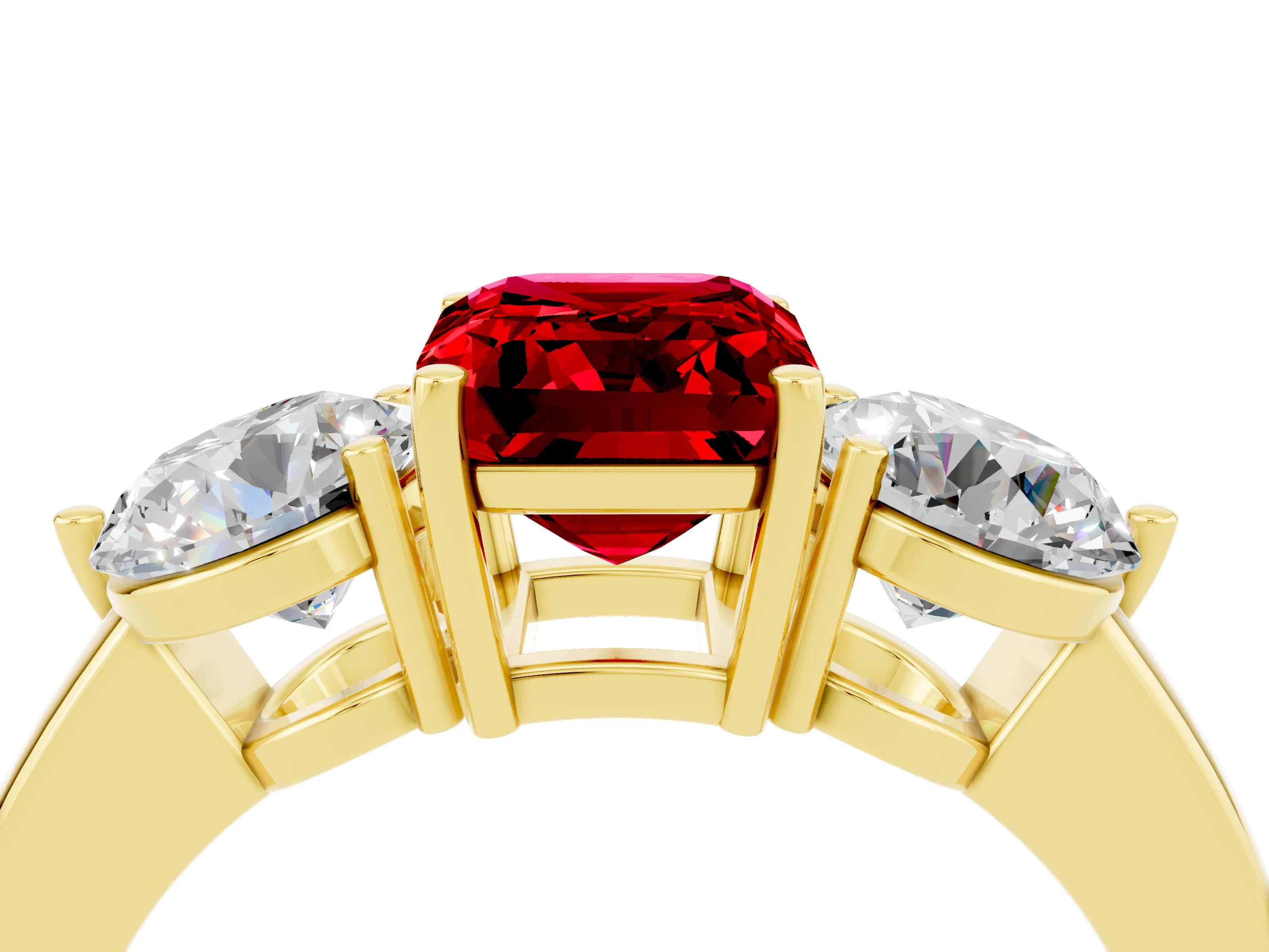 Yellow gold Emerald Cut Ruby Three-Stone Ring with Prong Setting and Classic Band_4