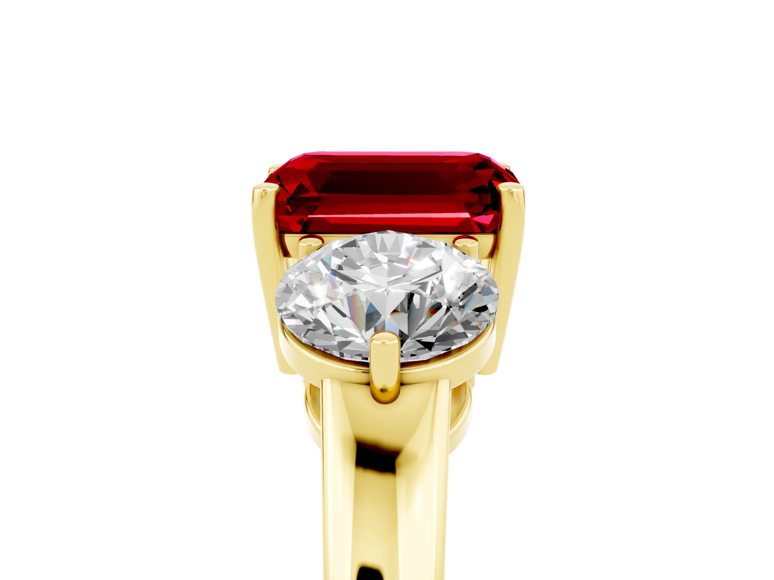 Yellow gold Emerald Cut Ruby Three-Stone Ring with Prong Setting and Classic Band_5