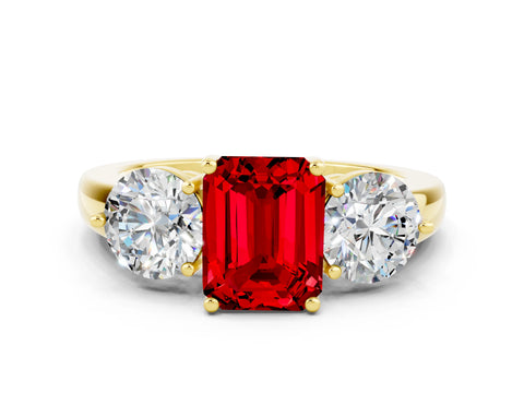 Yellow gold Emerald Cut Ruby Three-Stone Ring with Prong Setting and Classic Band