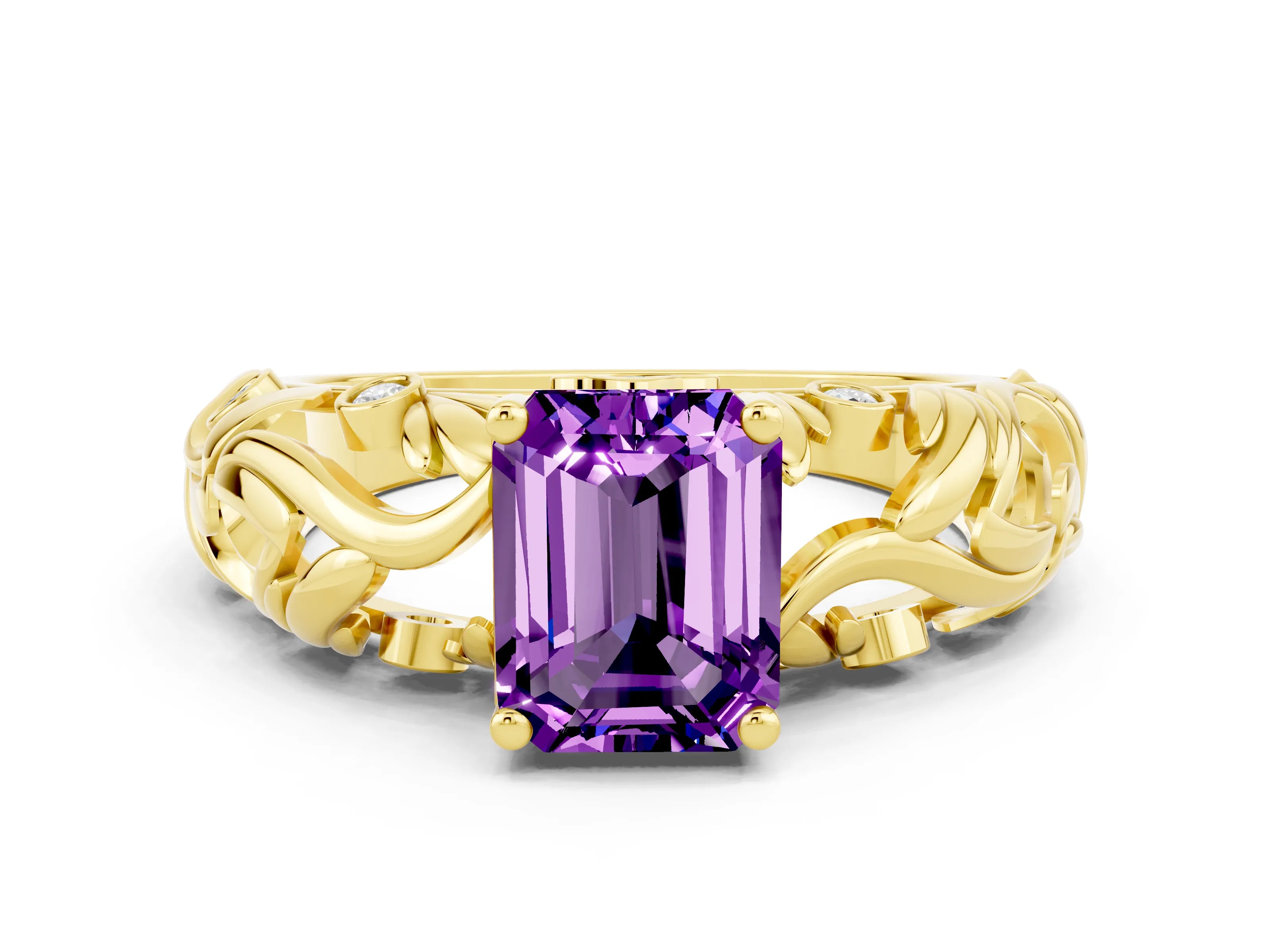 Yellow gold Emerald Cut Solitaire Amethyst Leaf-Inspired Vine Band Ring with Prong Setting