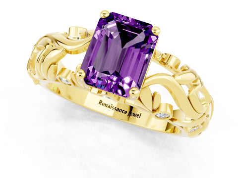 Yellow gold Emerald Cut Solitaire Amethyst Leaf-Inspired Vine Band Ring with Prong Setting_1