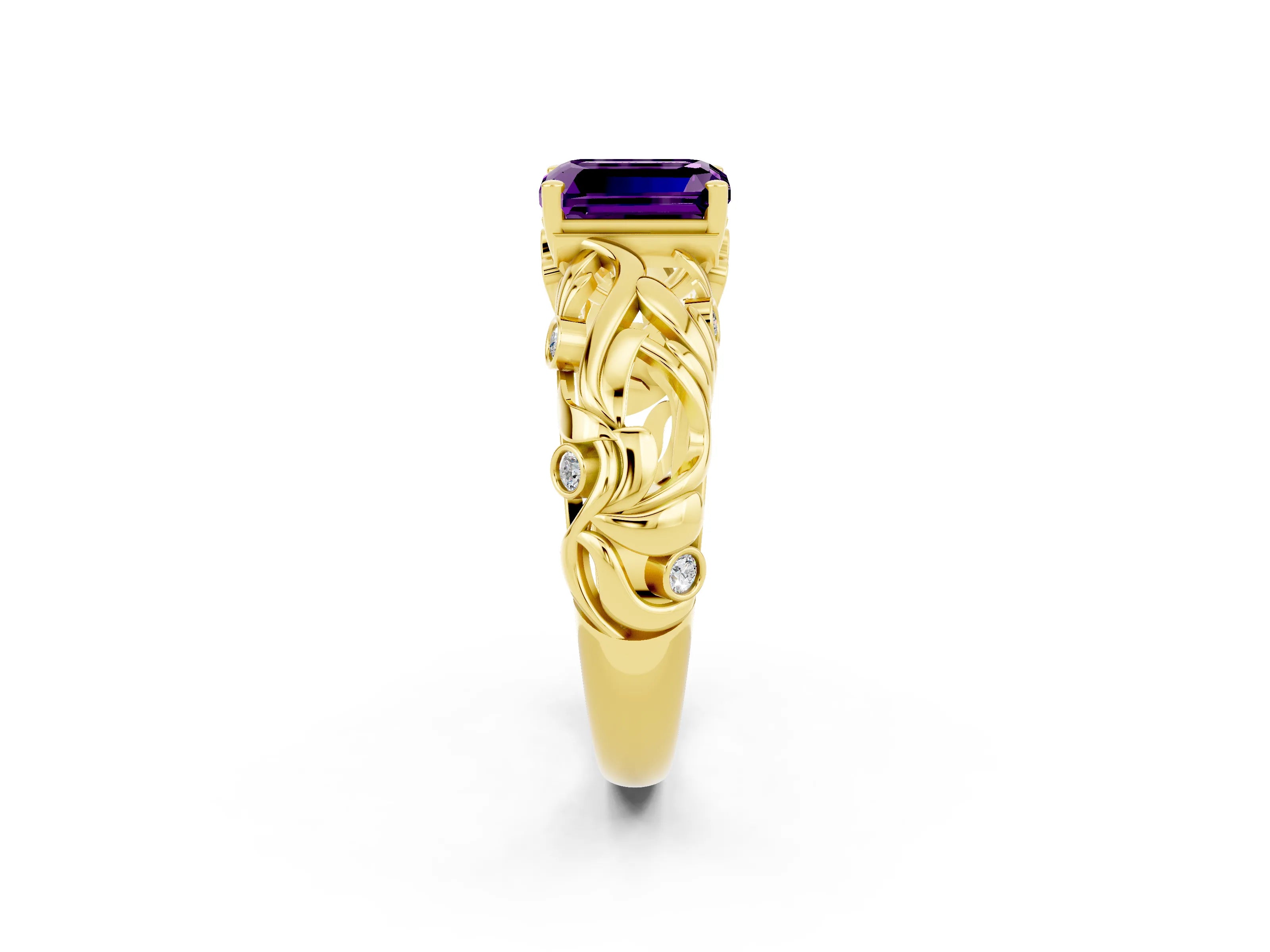 Yellow gold Emerald Cut Solitaire Amethyst Leaf-Inspired Vine Band Ring with Prong Setting_2