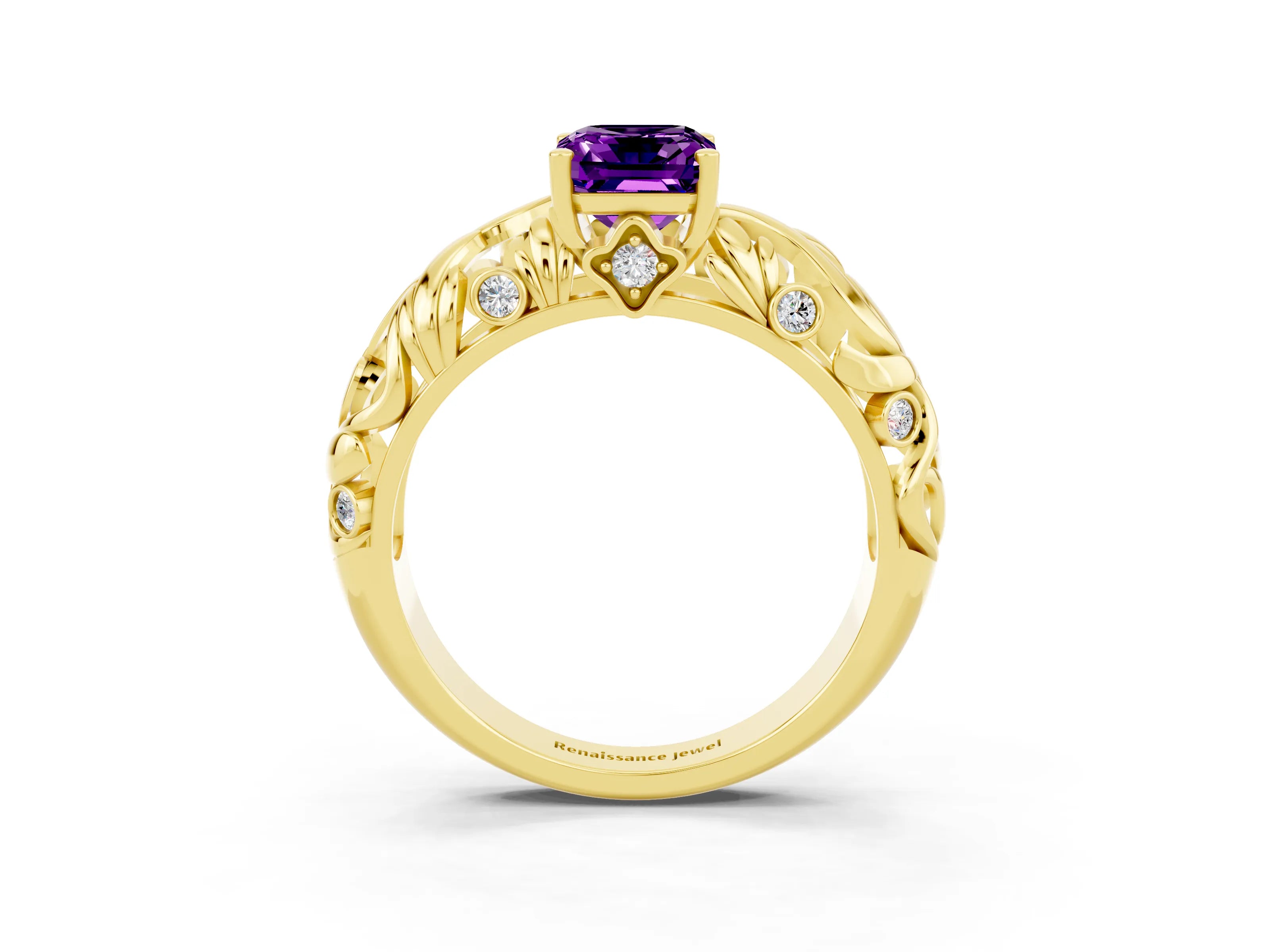 Yellow gold Emerald Cut Solitaire Amethyst Leaf-Inspired Vine Band Ring with Prong Setting_3