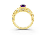 Yellow gold Emerald Cut Solitaire Amethyst Leaf-Inspired Vine Band Ring with Prong Setting_3