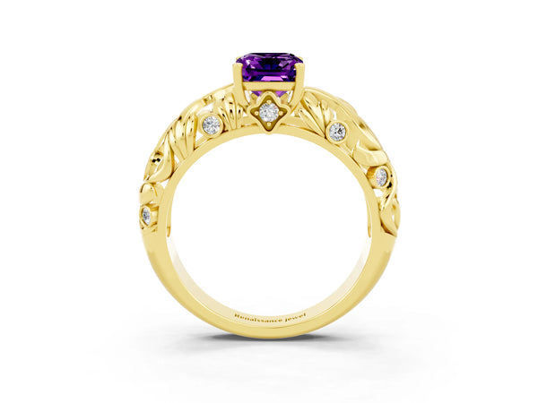 Yellow gold Emerald Cut Solitaire Amethyst Leaf-Inspired Vine Band Ring with Prong Setting