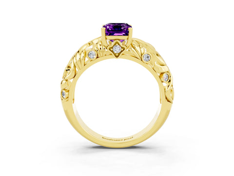 Yellow gold Emerald Cut Solitaire Amethyst Leaf-Inspired Vine Band Ring with Prong Setting_3