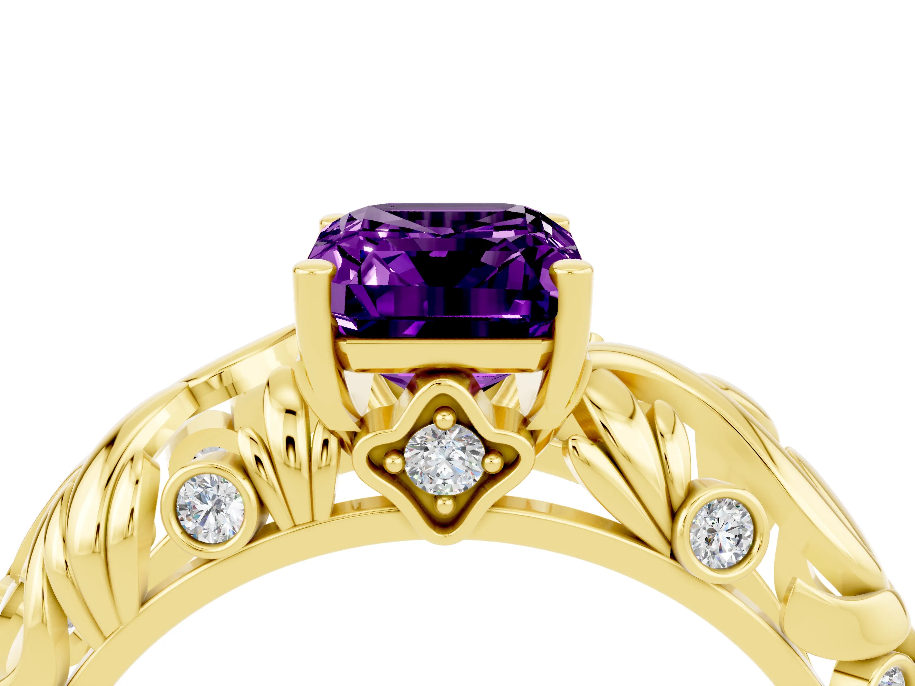 Yellow gold Emerald Cut Solitaire Amethyst Leaf-Inspired Vine Band Ring with Prong Setting_4