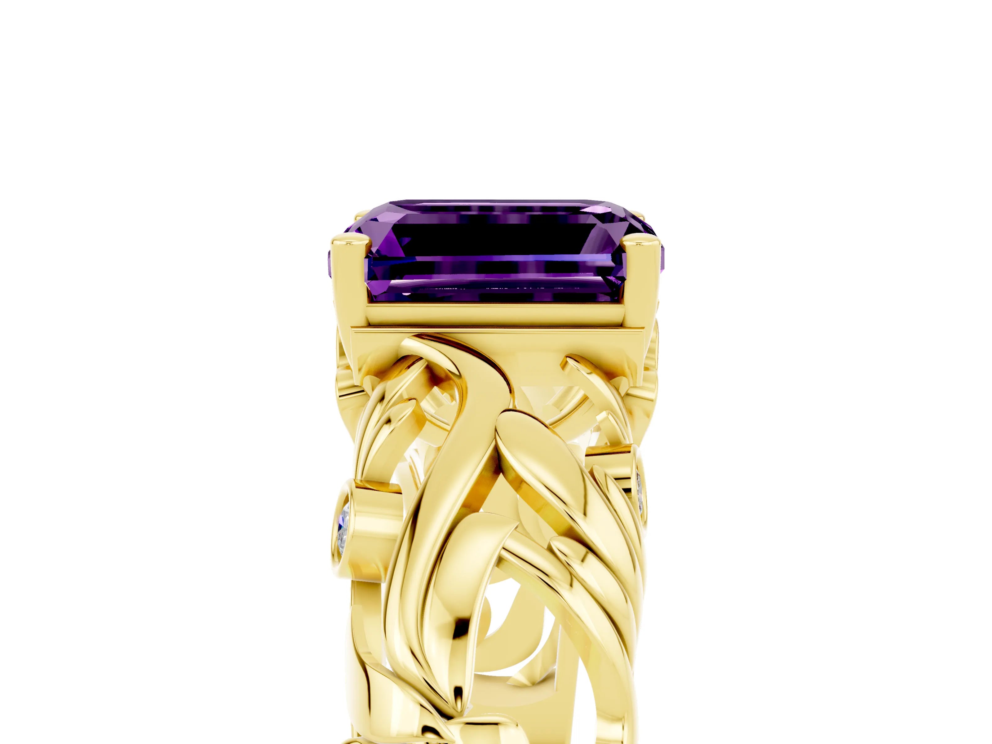 Yellow gold Emerald Cut Solitaire Amethyst Leaf-Inspired Vine Band Ring with Prong Setting_5