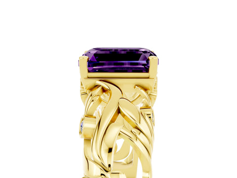 Yellow gold Emerald Cut Solitaire Amethyst Leaf-Inspired Vine Band Ring with Prong Setting_5