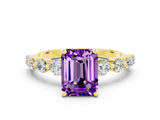 Yellow gold Emerald Cut Solitaire Amethyst Ring with Pave Band and Four-Prong Setting