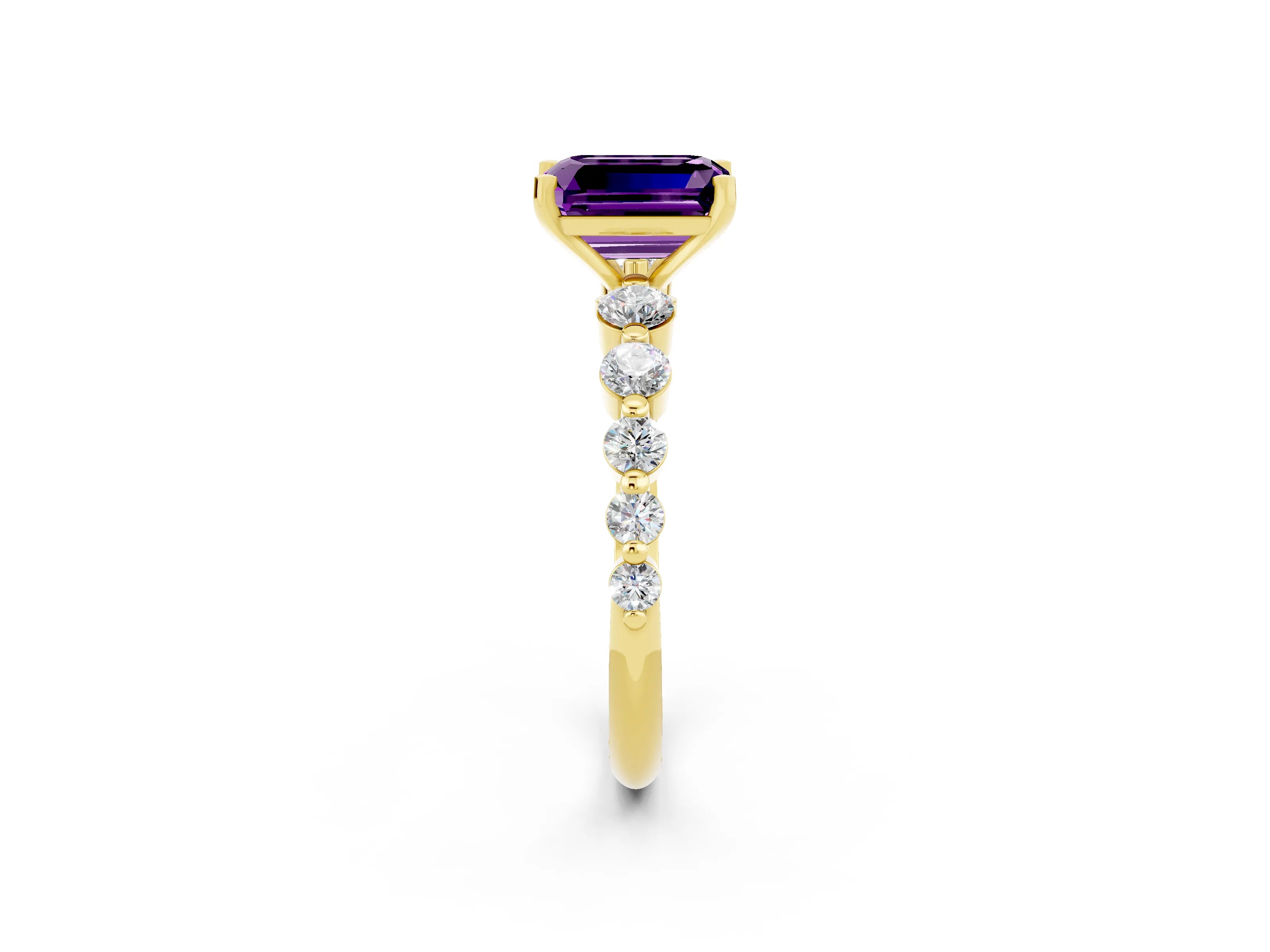 Yellow gold Emerald Cut Solitaire Amethyst Ring with Pave Band and Four-Prong Setting_2