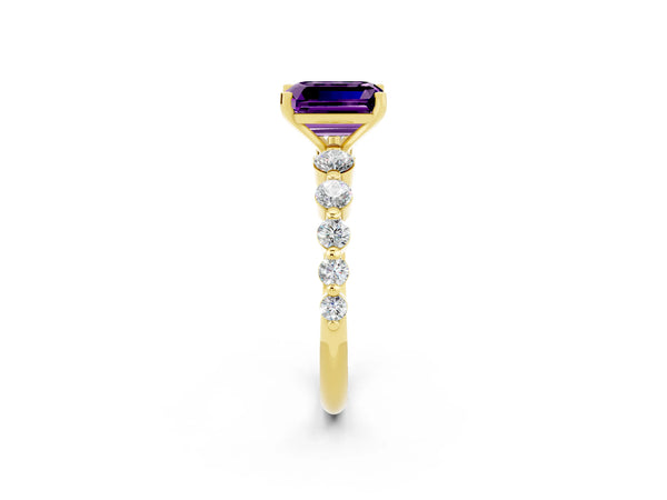 Yellow gold Emerald Cut Solitaire Amethyst Ring with Pave Band and Four-Prong Setting