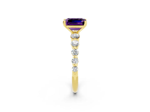 Yellow gold Emerald Cut Solitaire Amethyst Ring with Pave Band and Four-Prong Setting_2