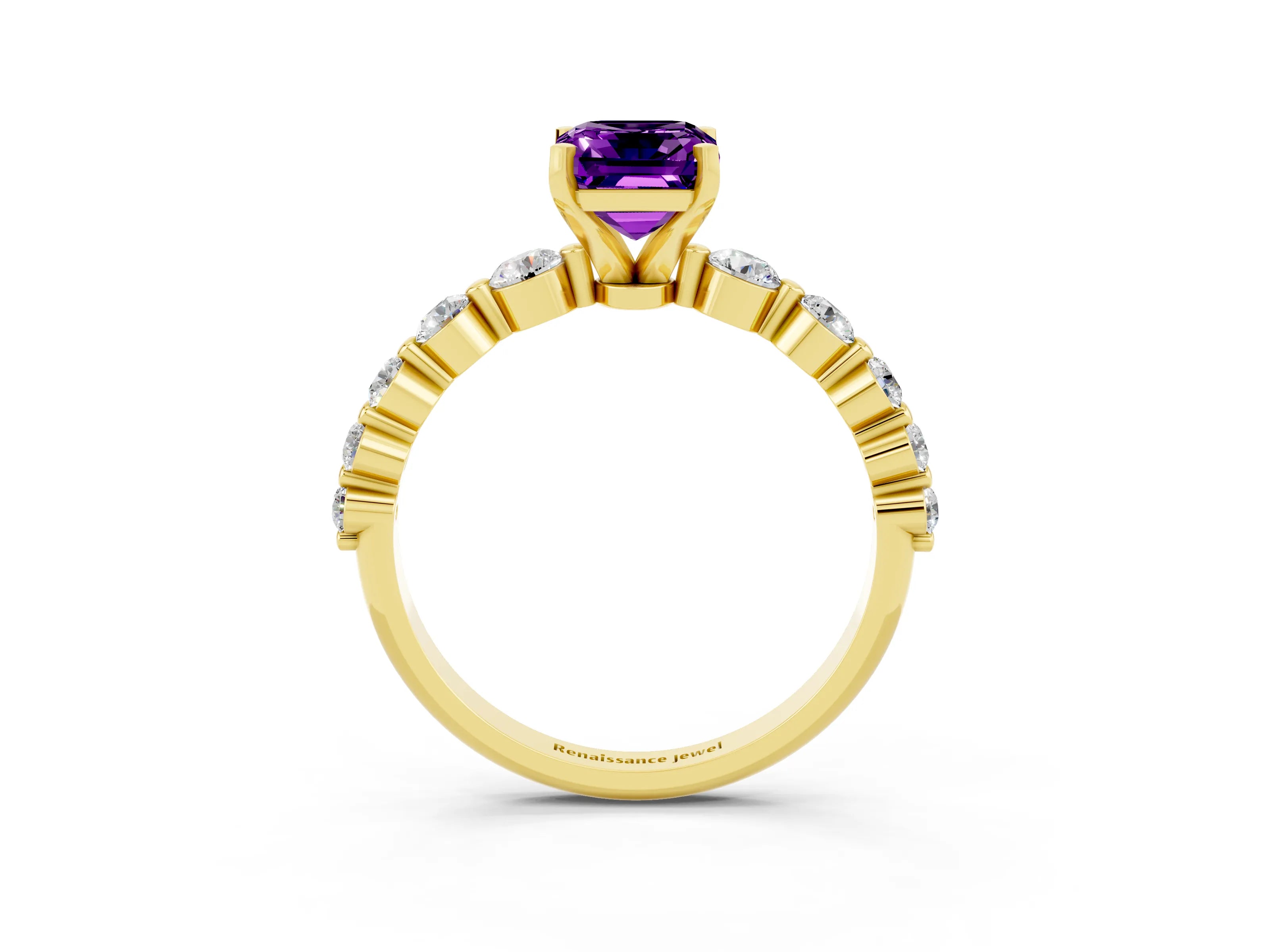 Yellow gold Emerald Cut Solitaire Amethyst Ring with Pave Band and Four-Prong Setting_3