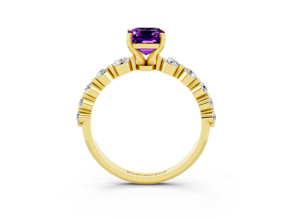 Yellow gold Emerald Cut Solitaire Amethyst Ring with Pave Band and Four-Prong Setting