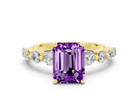 Yellow gold Emerald Cut Solitaire Amethyst Ring with Pave Band and Four-Prong Setting