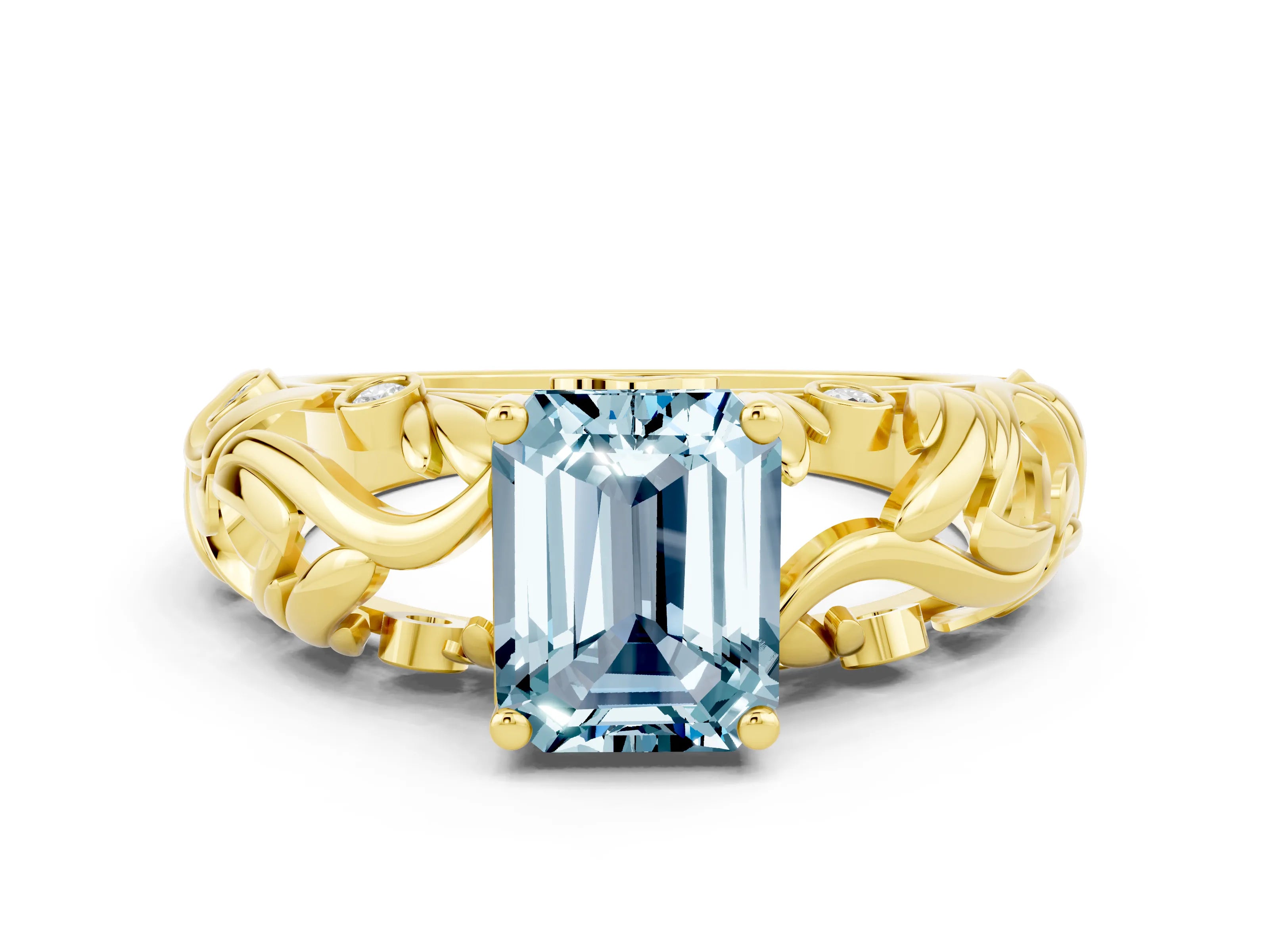 Yellow gold Emerald Cut Solitaire Aquamarine Leaf-Inspired Vine Band Ring with Prong Setting
