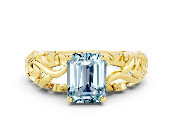 Yellow gold Emerald Cut Solitaire Aquamarine Leaf-Inspired Vine Band Ring with Prong Setting