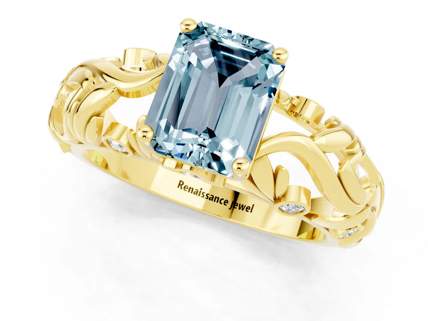 Yellow gold Emerald Cut Solitaire Aquamarine Leaf-Inspired Vine Band Ring with Prong Setting