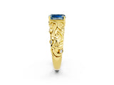 Yellow gold Emerald Cut Solitaire Aquamarine Leaf-Inspired Vine Band Ring with Prong Setting_2