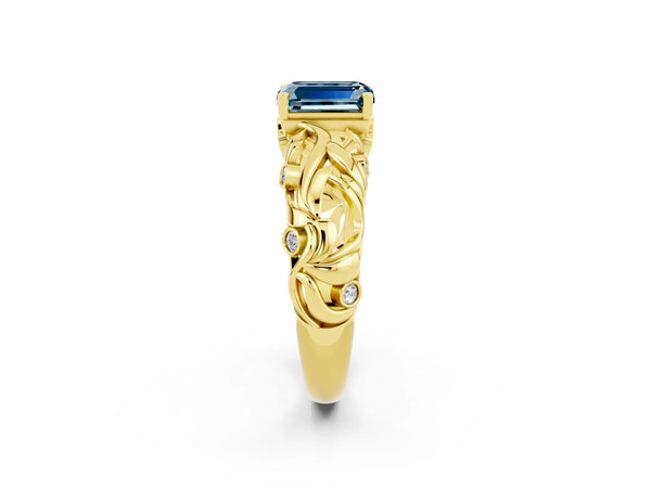 Yellow gold Emerald Cut Solitaire Aquamarine Leaf-Inspired Vine Band Ring with Prong Setting