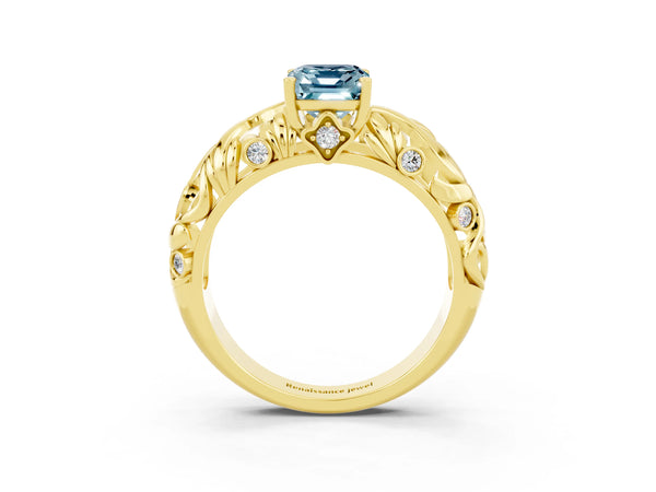 Yellow gold Emerald Cut Solitaire Aquamarine Leaf-Inspired Vine Band Ring with Prong Setting
